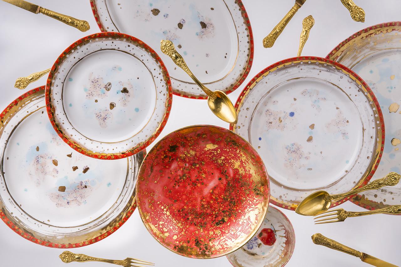 Juego de 2 Platos de Cena Contemporáneos Vajilla de Porcelana Dorada Pintada a Mano Pintado a mano en venta