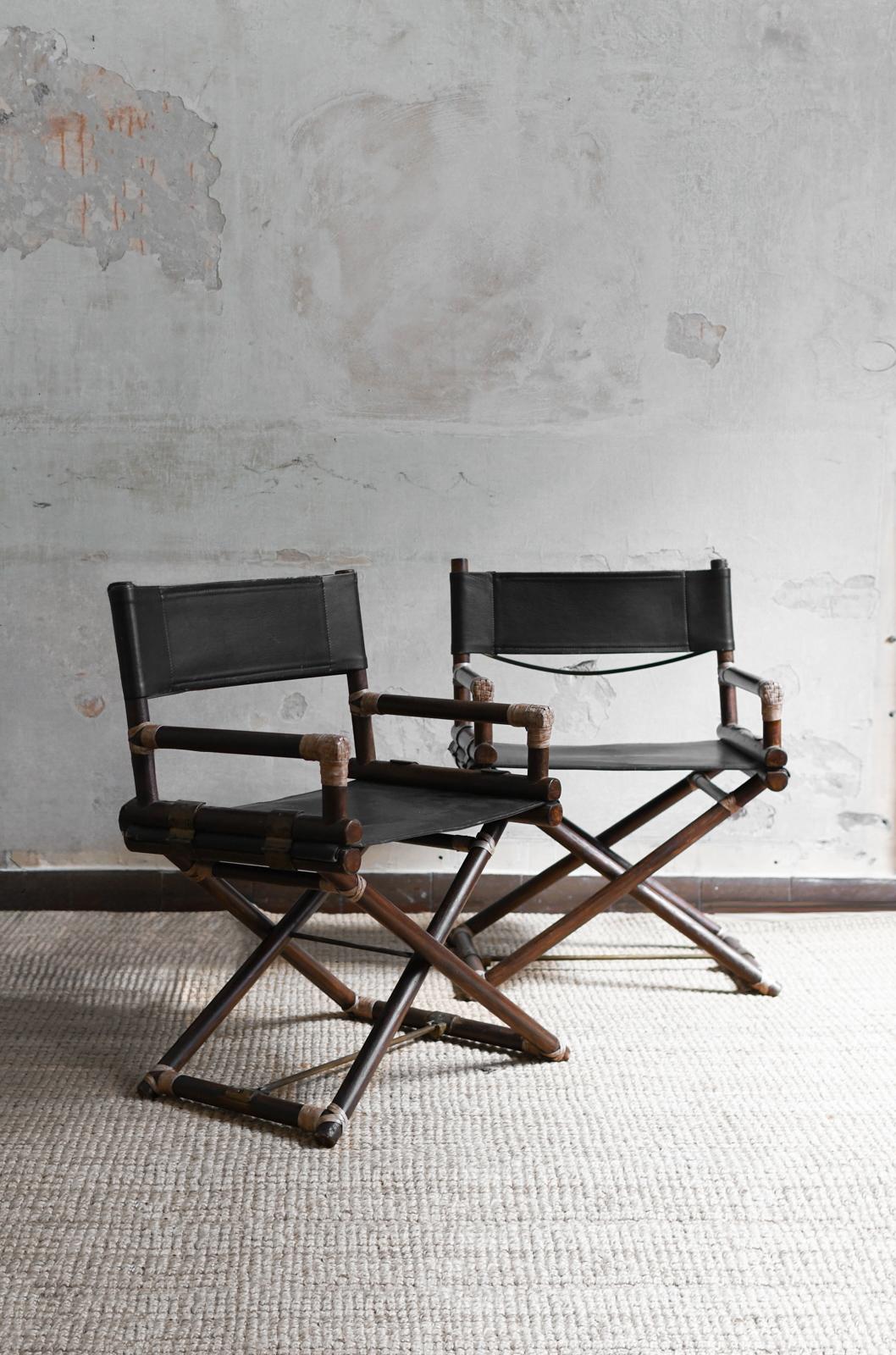 Set of 2 director’s chairs in bamboo and black leather, McGuire San Francisco 1970
Product Details
Made with leather bindings and details in burnished brass.
Dimensions: 60 W × 80 H x 43 D cm