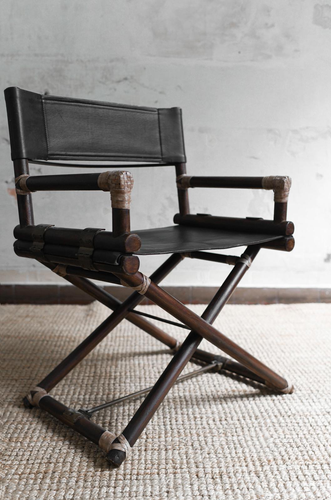 Set of 2 director’s chairs in bamboo and black leather, Lyda Levi for McGuire In condizioni buone in vendita a Roma, RM