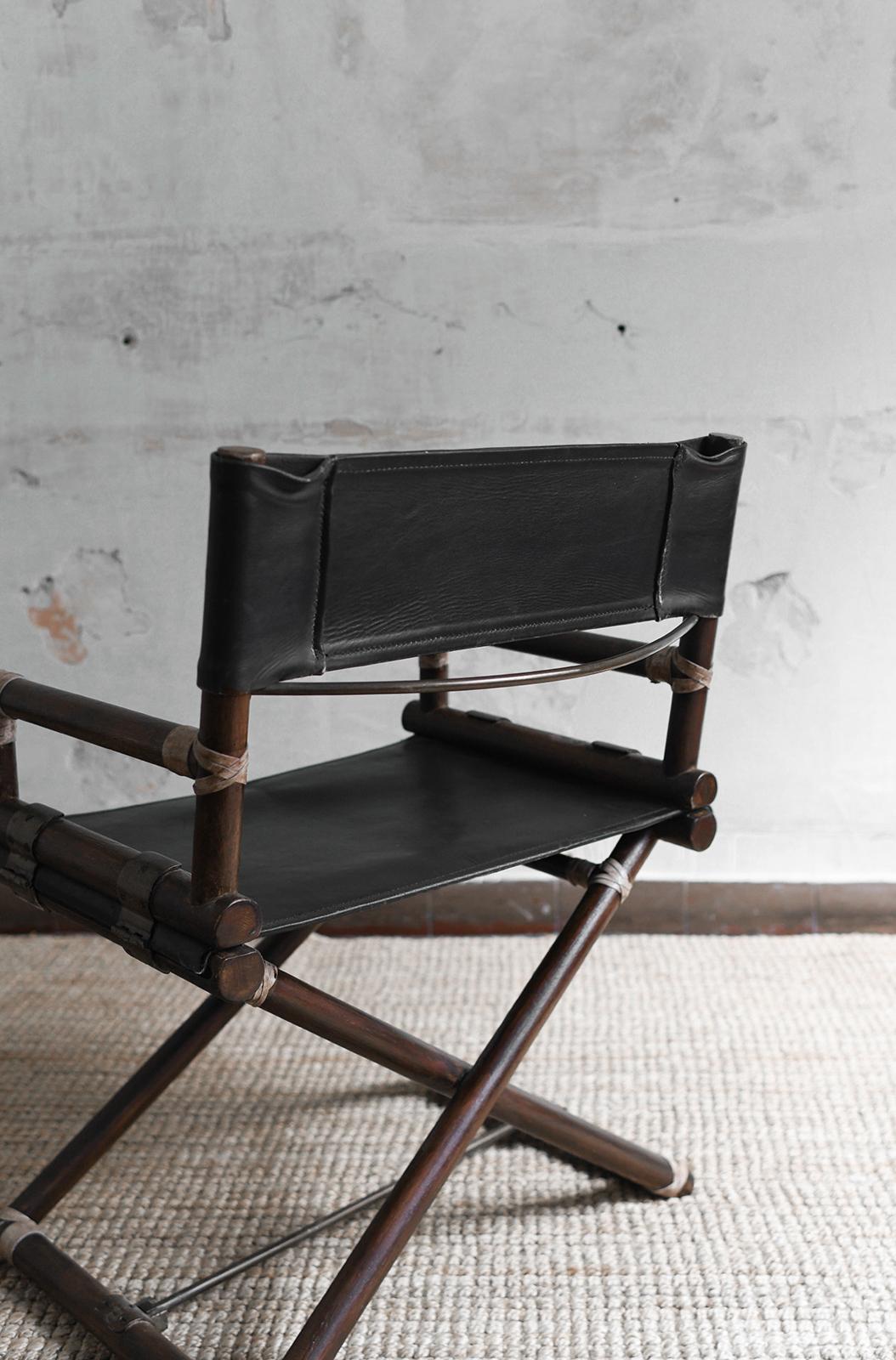 Fine XX secolo Set of 2 director’s chairs in bamboo and black leather, Lyda Levi for McGuire in vendita