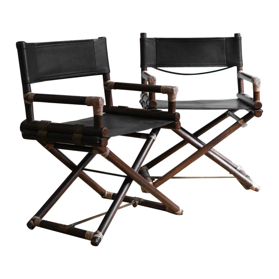 Set of 2 director’s chairs in bamboo and black leather, Lyda Levi for McGuire