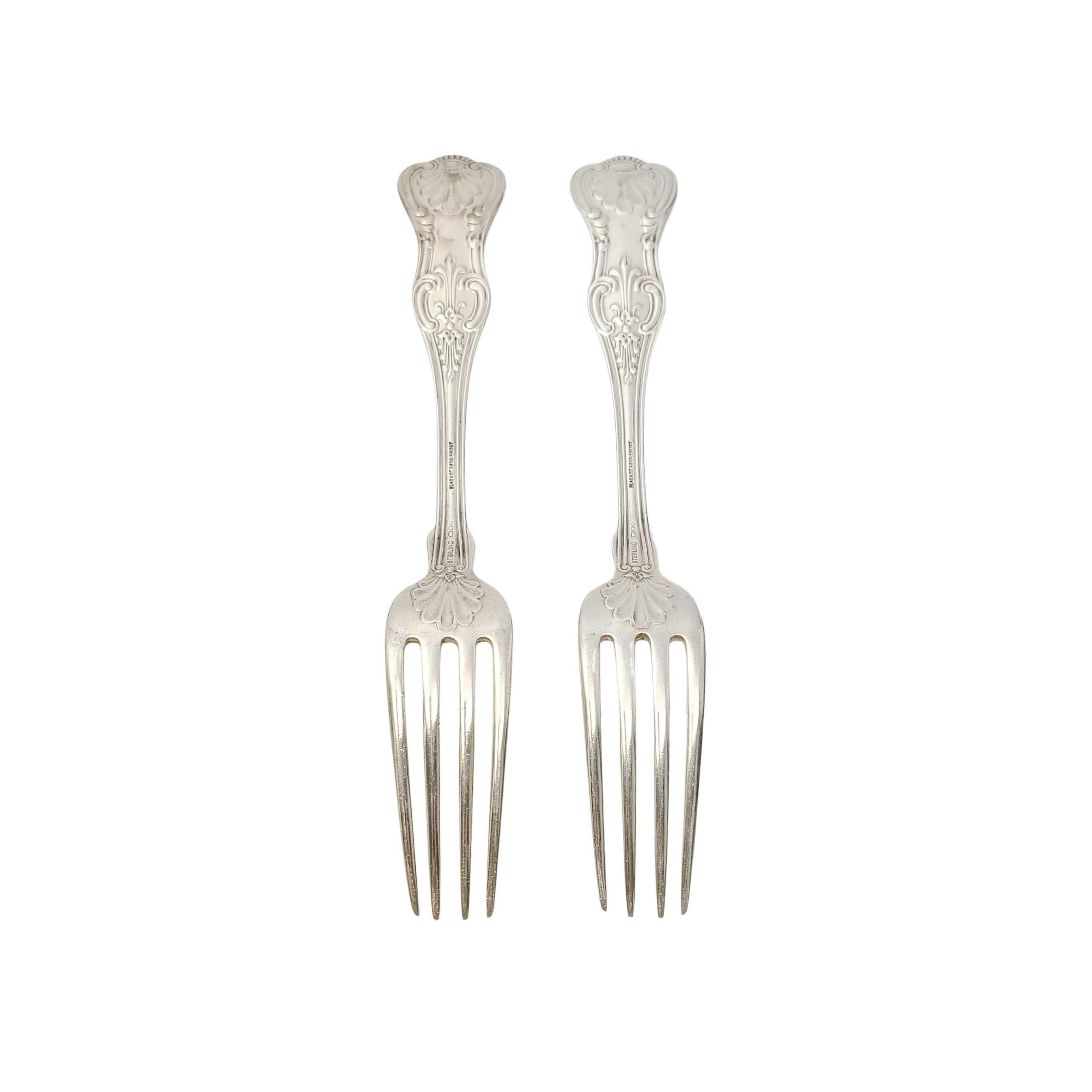 Set of 2 antique sterling silver forks in the King pattern by Dominick & Haff.

Dominick & Haff's version of the King pattern which were very popular in the late 19th century. These forks are marked Black Starr & Frost, a high end retailer and the