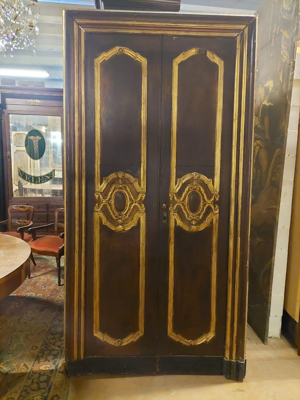 19th Century set of 2 double doors with frames, brown and gold lacquered, Italy For Sale