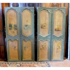 set of 2 Double Green and Yellow Lacquered Doors Painted Landscapes, Italy