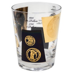 Set of 2 Double Old Fashioned Gold and Black Coin Barware Glasses by Cera 1960s