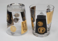 Set of 2 Double Old Fashioned Gold and Black Coin Barware Glasses by Cera 1960s