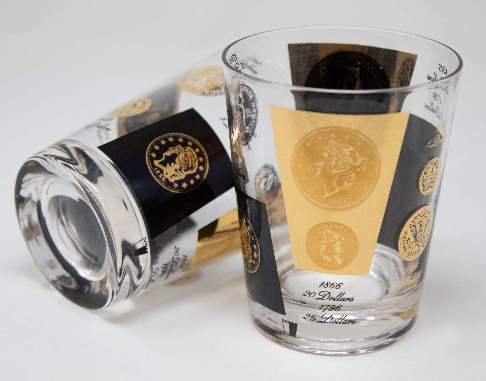 Mid-Century Modern Set of 2 Double Old Fashioned Gold and Black Coin Barware Glasses by Cera 1960s For Sale