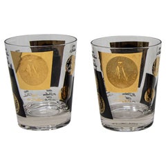 Set of 2 Double Old Fashioned Gold and Black Coin Barware Glasses by Cera 1960s