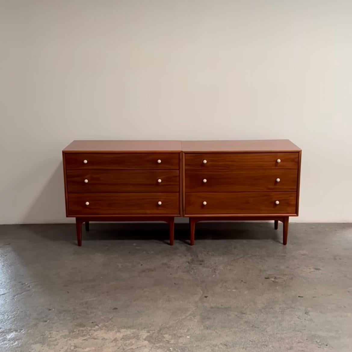 This midcentury dresser was designed by Kipp Stewart Jr. for Drexel in the 1960s. It was created as part of the Drexel Declaration Collection. A mix of Shaker, Danish, and American modern sensibilities, these pieces have a timeless quality that
