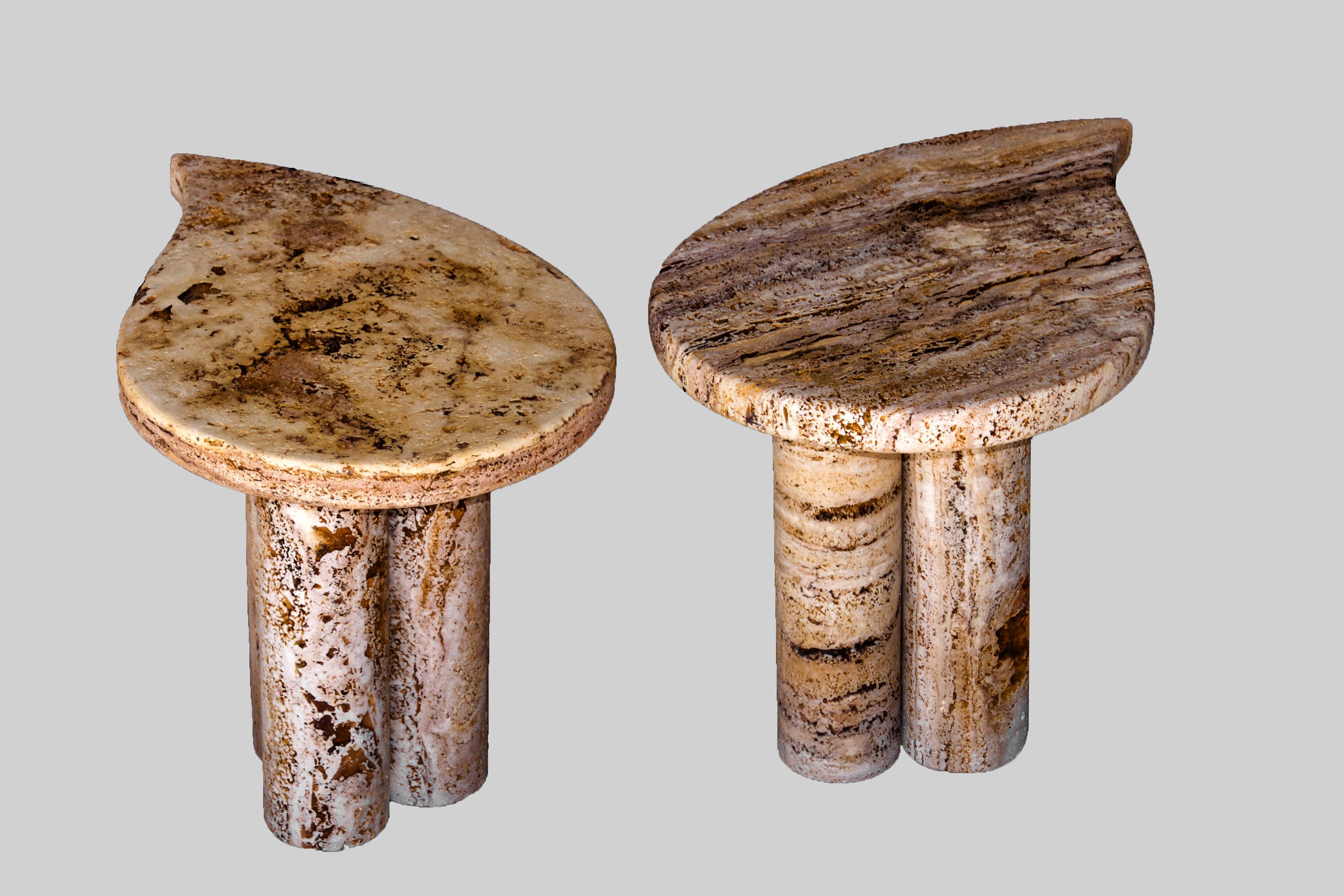 Set of 2 Drop side tables by Jean-Fréderic Bourdier
Dimensions: D 52 x W 35 x H 38.5 cm
Materials: Travertine.

Mostly guided by his sculptor skills JFB and his life time strong attraction for nature, has started out this collection in 2021 as