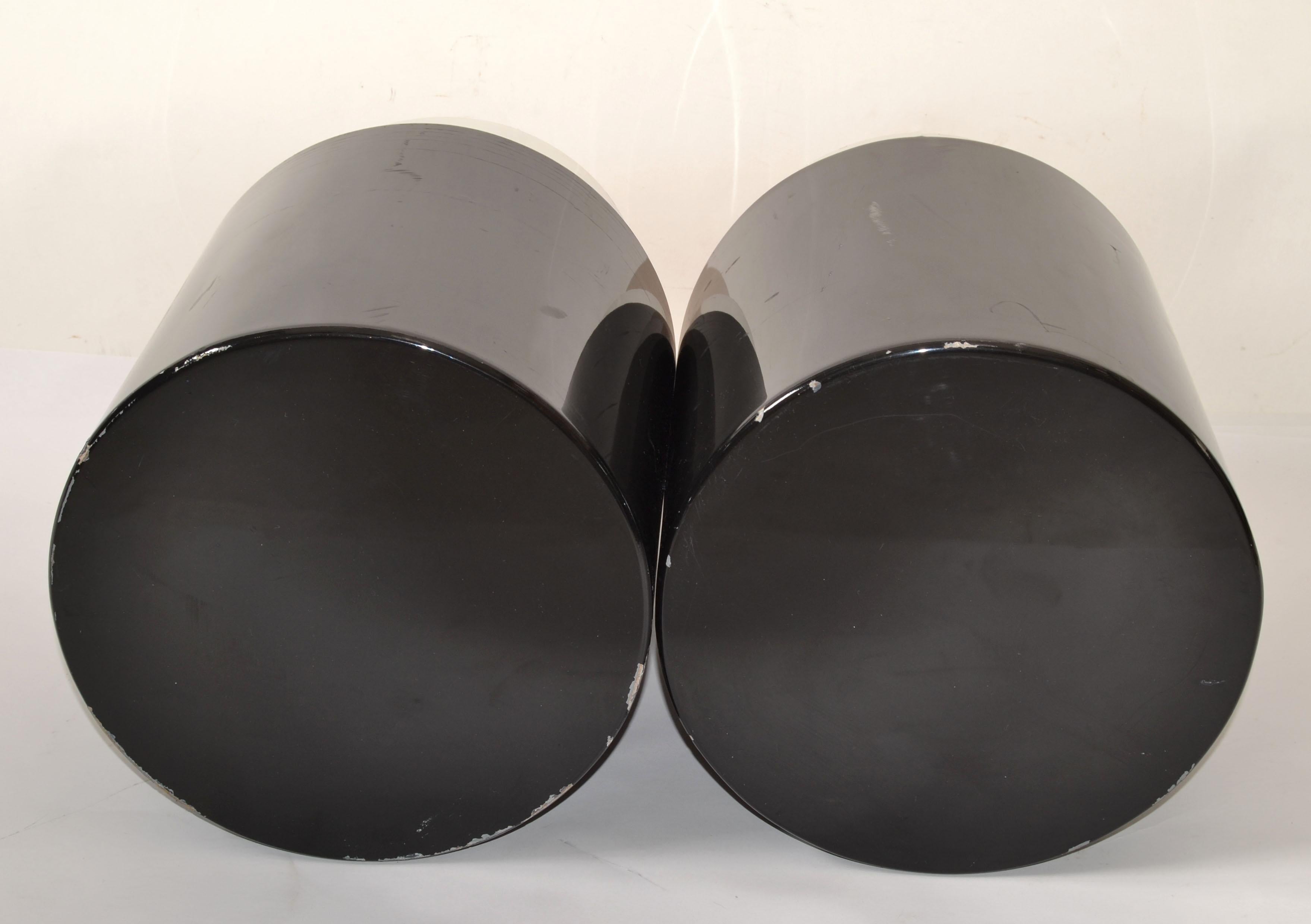 Set of 2 Drum Drink Tables Black Gloss Lacquer & Chrome Base Mid-Century Modern For Sale 8