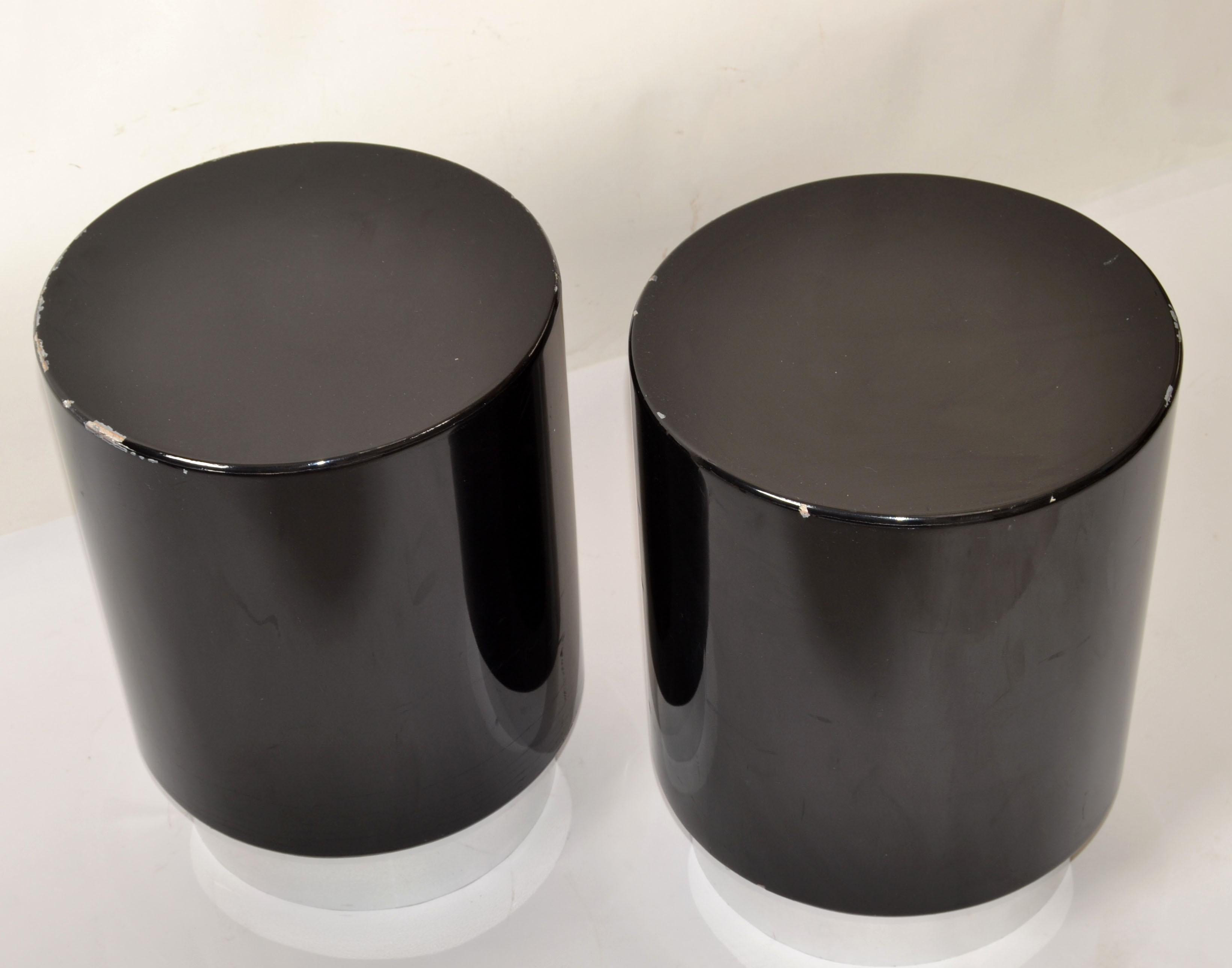 Set of 2 Drum Drink Tables Black Gloss Lacquer & Chrome Base Mid-Century Modern For Sale 2