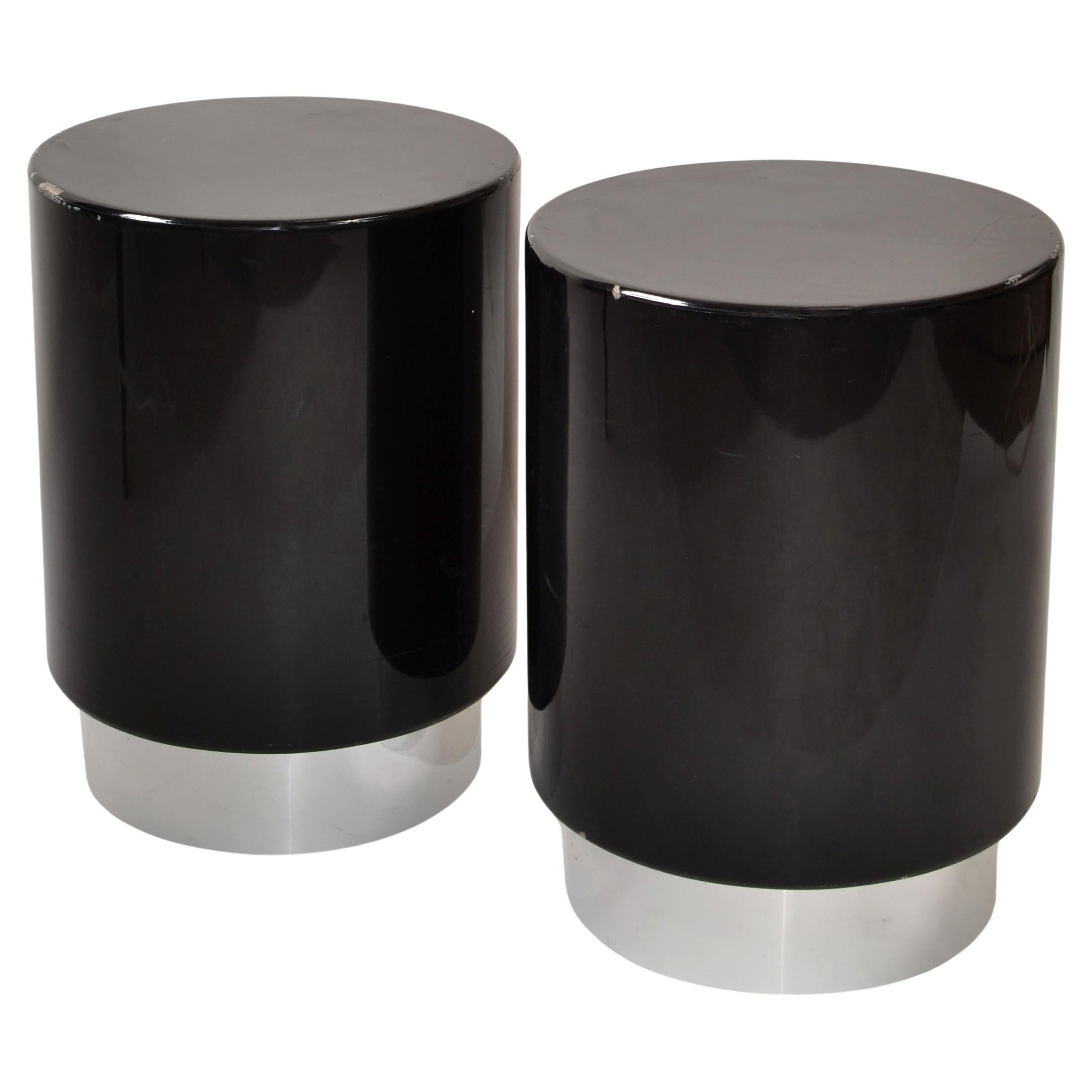 Set of 2 Drum Drink Tables Black Gloss Lacquer & Chrome Base Mid-Century Modern For Sale