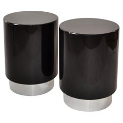 Vintage Set of 2 Drum Drink Tables Black Gloss Lacquer & Chrome Base Mid-Century Modern