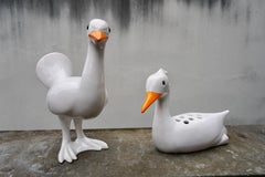 Set of 2 Ducks of White Ceramic Made and Signed by Georges Cassin