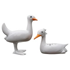 Set of 2 Ducks of White Ceramic Made and Signed by Georges Cassin