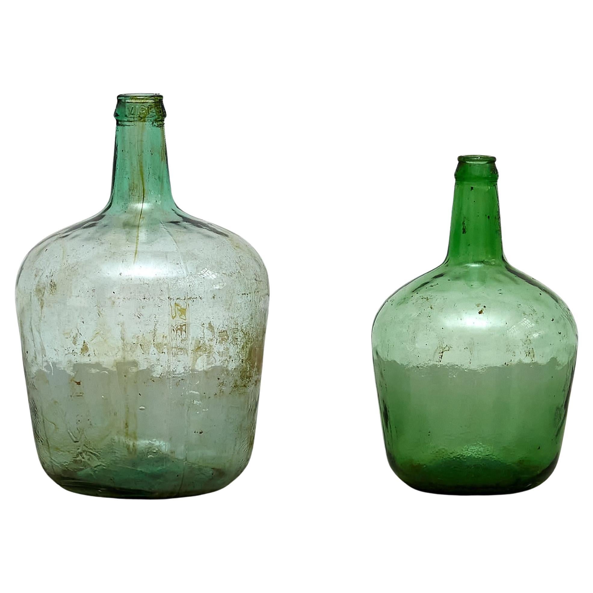 Set of 2 Early 20th Centry Spanish Glass Bottle Vase, circa 1940 For Sale
