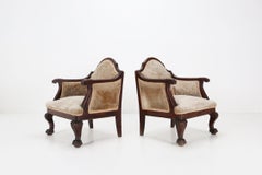 Set of 2 early Empire solid mahogany wood and sheepskin armchairs, France 1820s