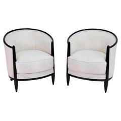 Set of 2 Early French Art Deco Bergères Club Chairs in Black Lacquer, circa 1925