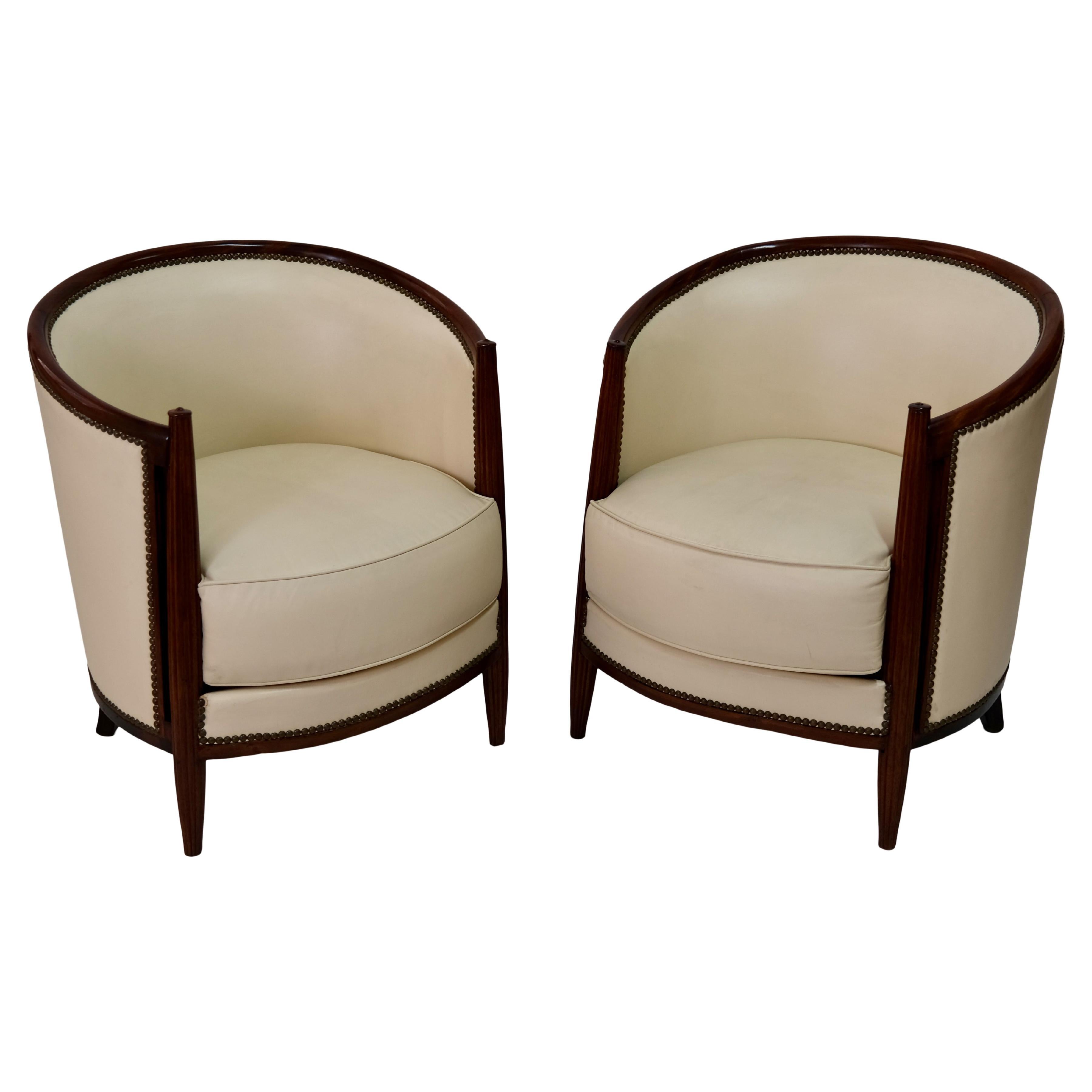 Set of 2 Early French Art Deco Club Chairs in Mahogany and Leather, circa 1925