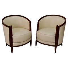 Set of 2 Early French Art Deco Club Chairs in Mahogany and Leather, circa 1925