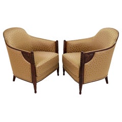 Set of 2 Early French Art Deco Club Chairs in Mahogany with Golden Fabric
