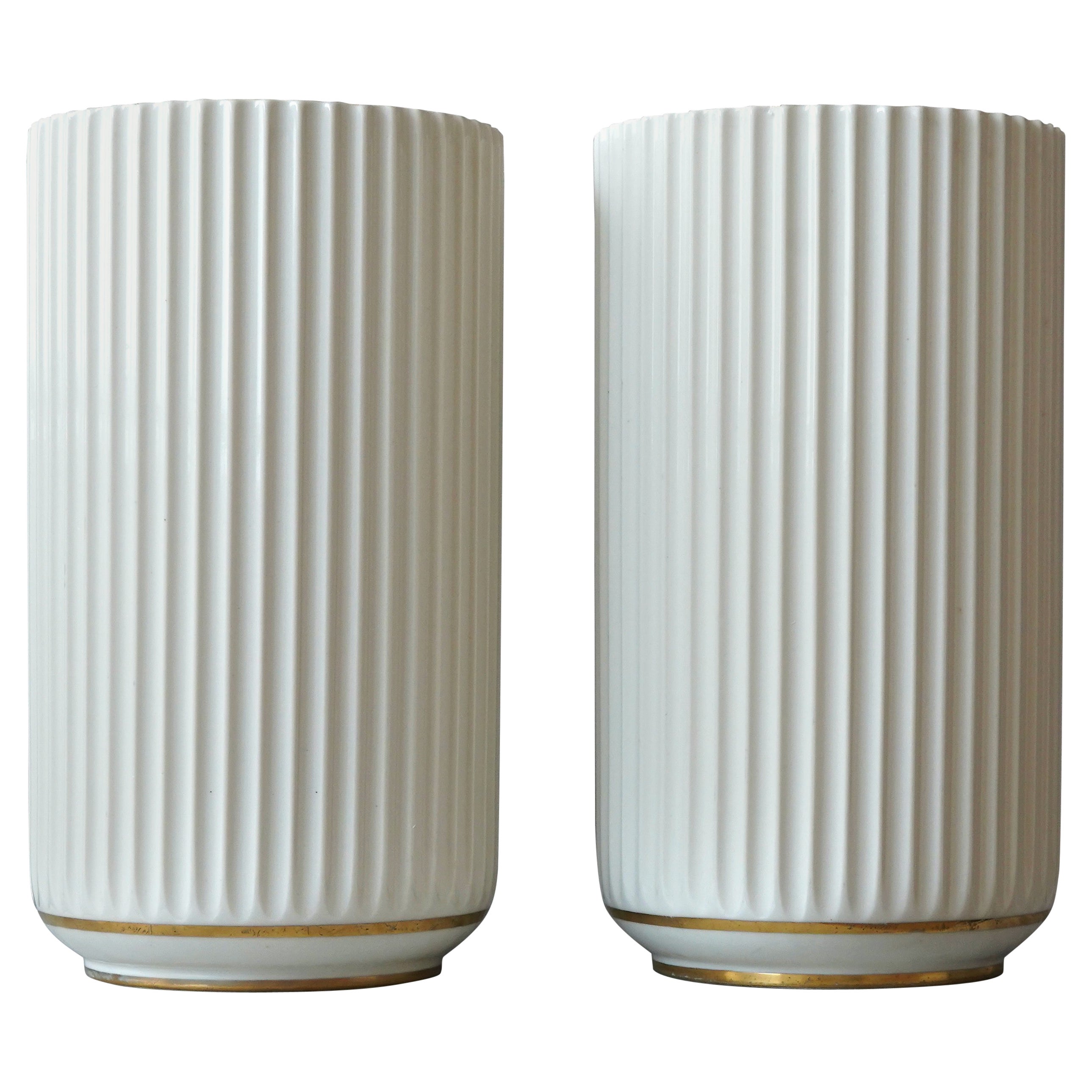 Set of 2 Early Lyngby Porcelain Vases with Gold Decoration, 1936-1940, Denmark For Sale