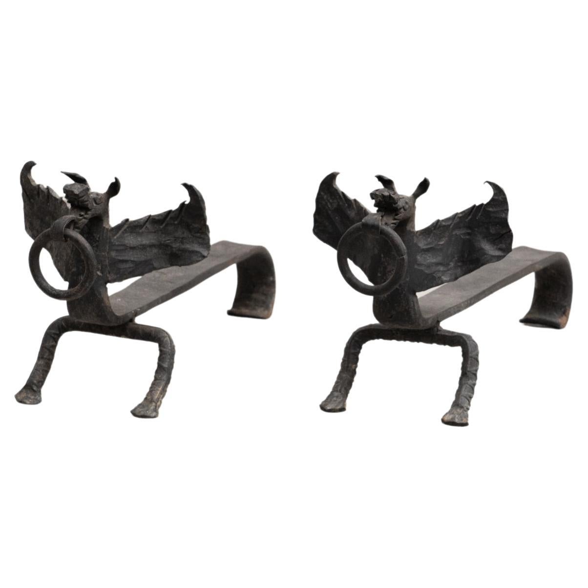 Set of 2 Early XX Century Metal Dragon Shaped Fireplace Holders For Sale