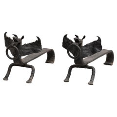 Set of 2 Early XX Century Metal Dragon Shaped Fireplace Holders