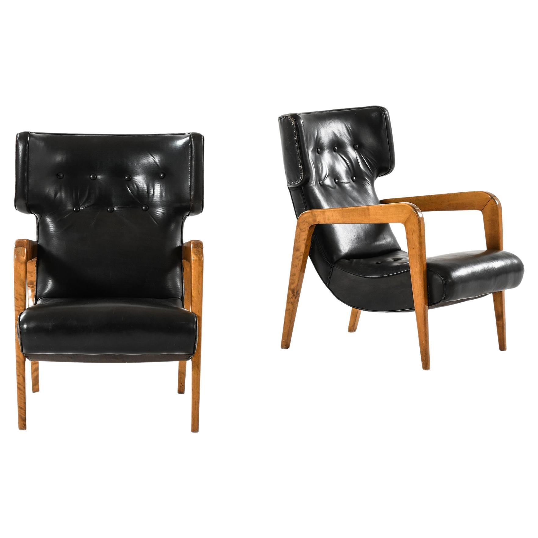Set of 2 Easy Chairs in Leather and Brich, 1950s