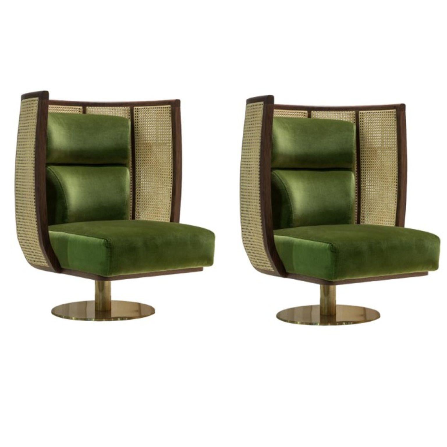 Set of 2 Egoista armchairs by Dooq
Measures: W 80 cm 32”
D 80 cm 32”
H 100 cm 39”
seat height 40 cm 16”

Materials: upholstery fabric or leather; structure solid wood feet lacquered MDF or solid wood rattan natural rattan. COM with natural