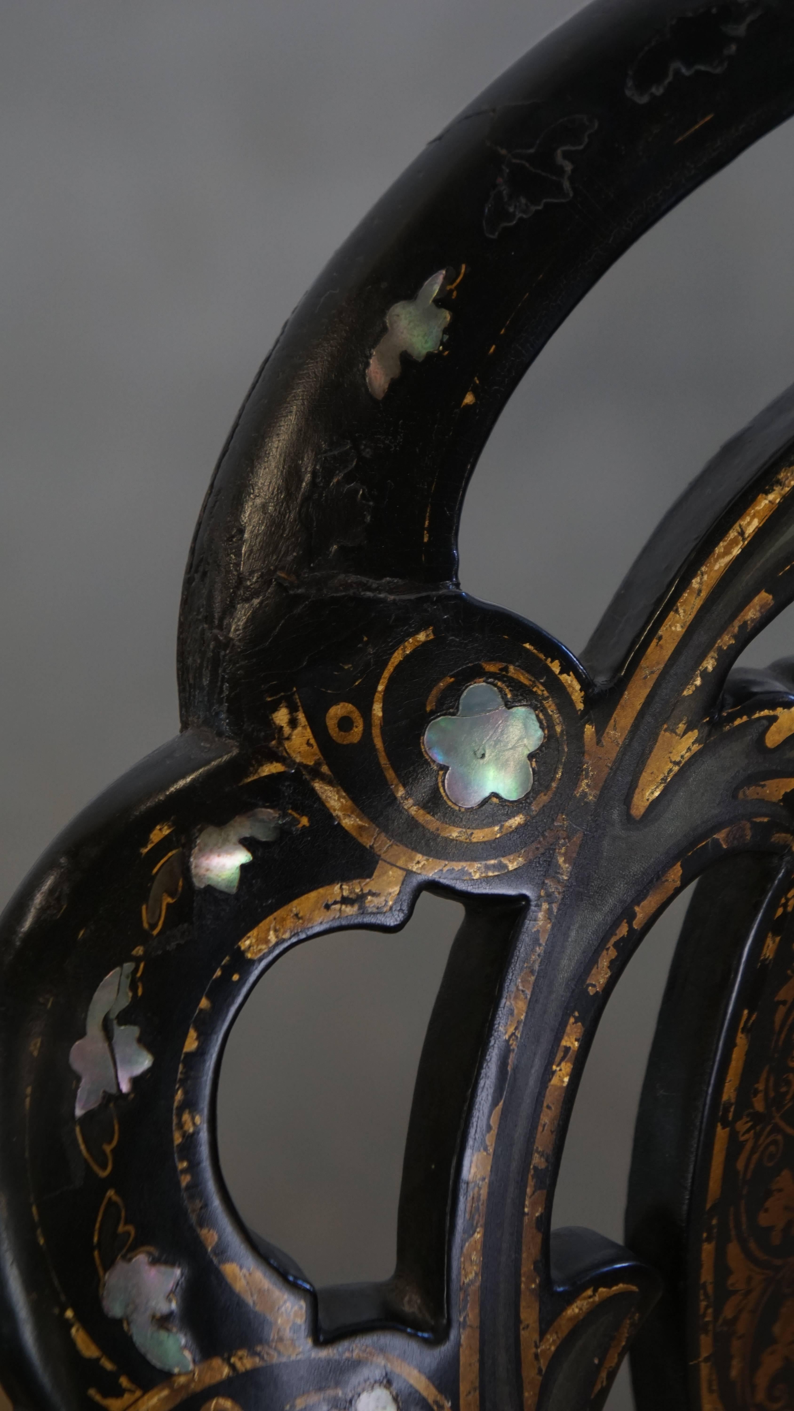 Set of 2 Elegant Antique 19th Century English Chinoiserie Mother of Pearl Chairs For Sale 7