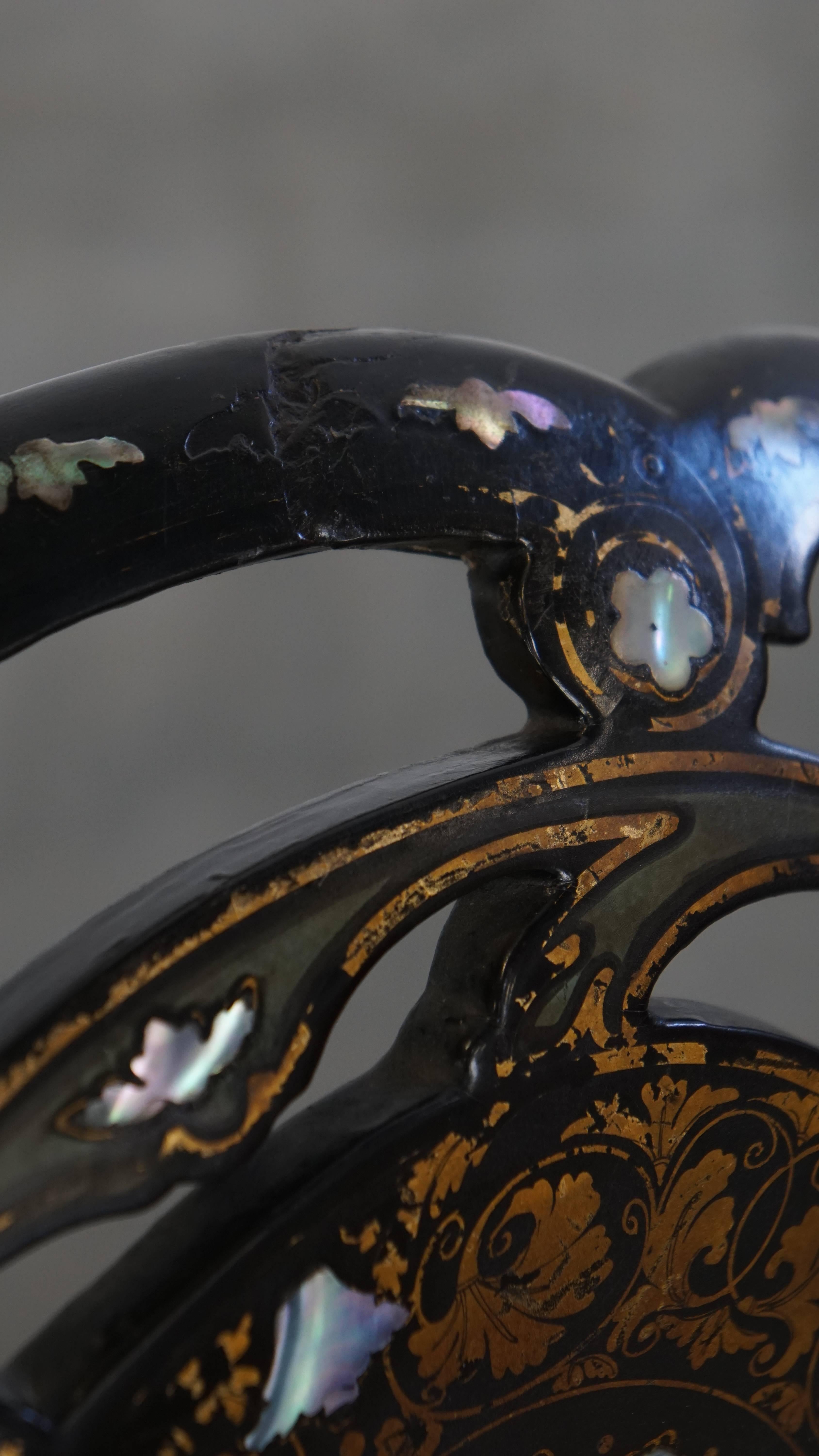 Set of 2 Elegant Antique 19th Century English Chinoiserie Mother of Pearl Chairs For Sale 8