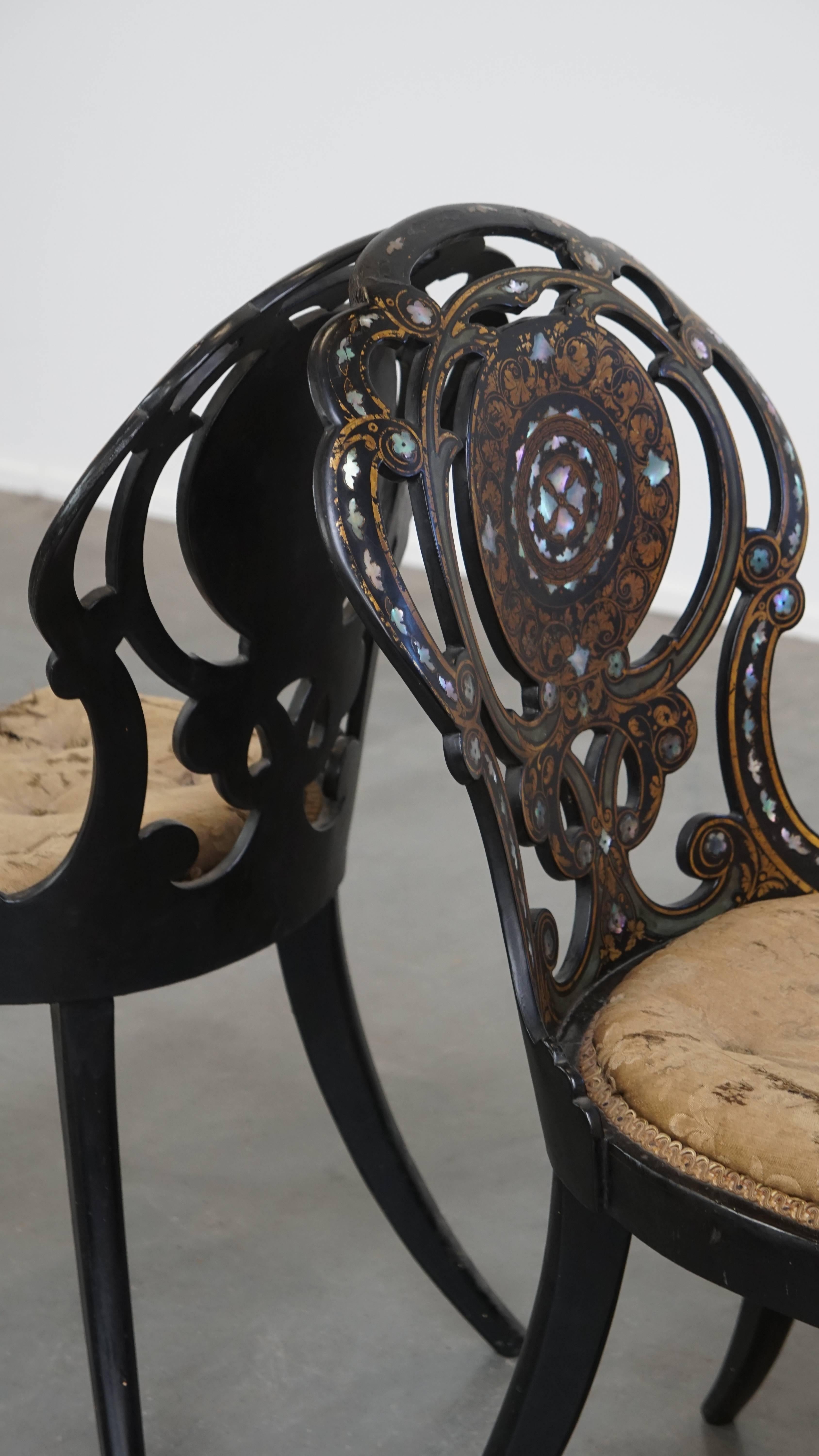 Set of 2 Elegant Antique 19th Century English Chinoiserie Mother of Pearl Chairs For Sale 9
