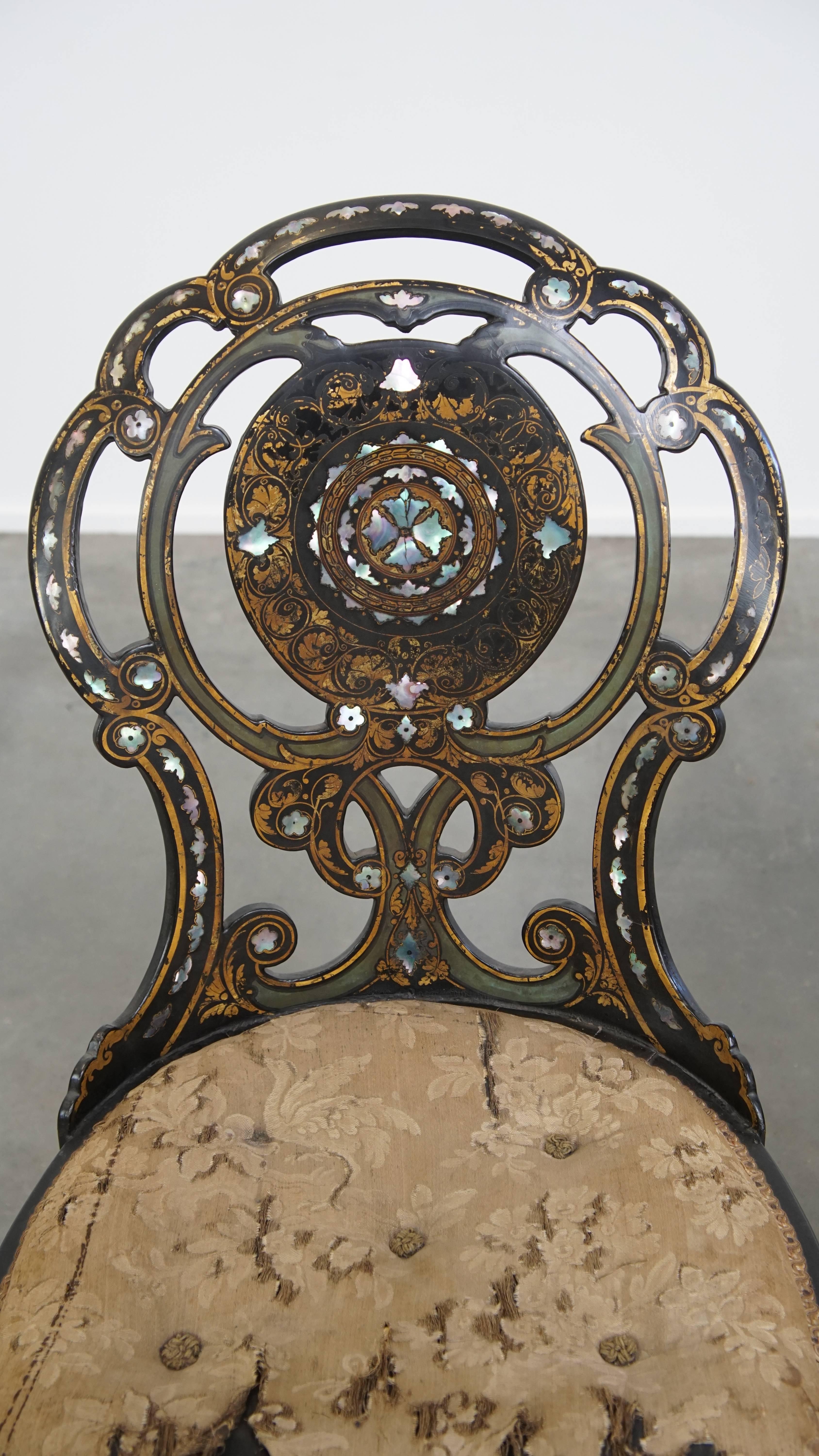Set of 2 Elegant Antique 19th Century English Chinoiserie Mother of Pearl Chairs For Sale 1