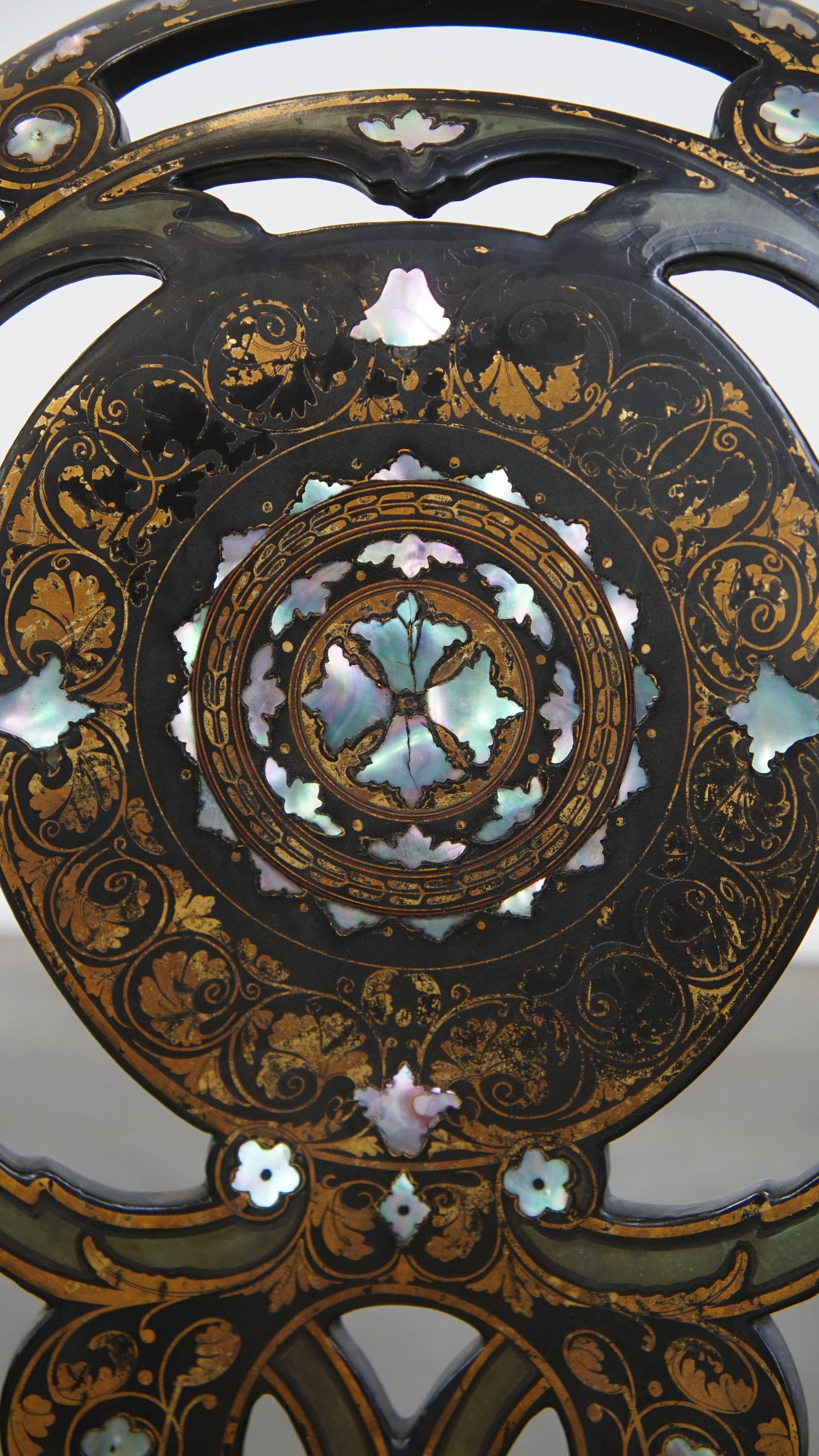 Set of 2 Elegant Antique 19th Century English Chinoiserie Mother of Pearl Chairs For Sale 2