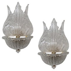 Set of 2 Elegant Murano Wall Light Transparent Leaves, 1980s