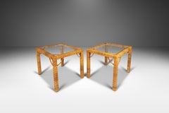 Set of 2 End Tables in Wicker w/ Glass Tops Attributed Bieckley Brothers Rattan
