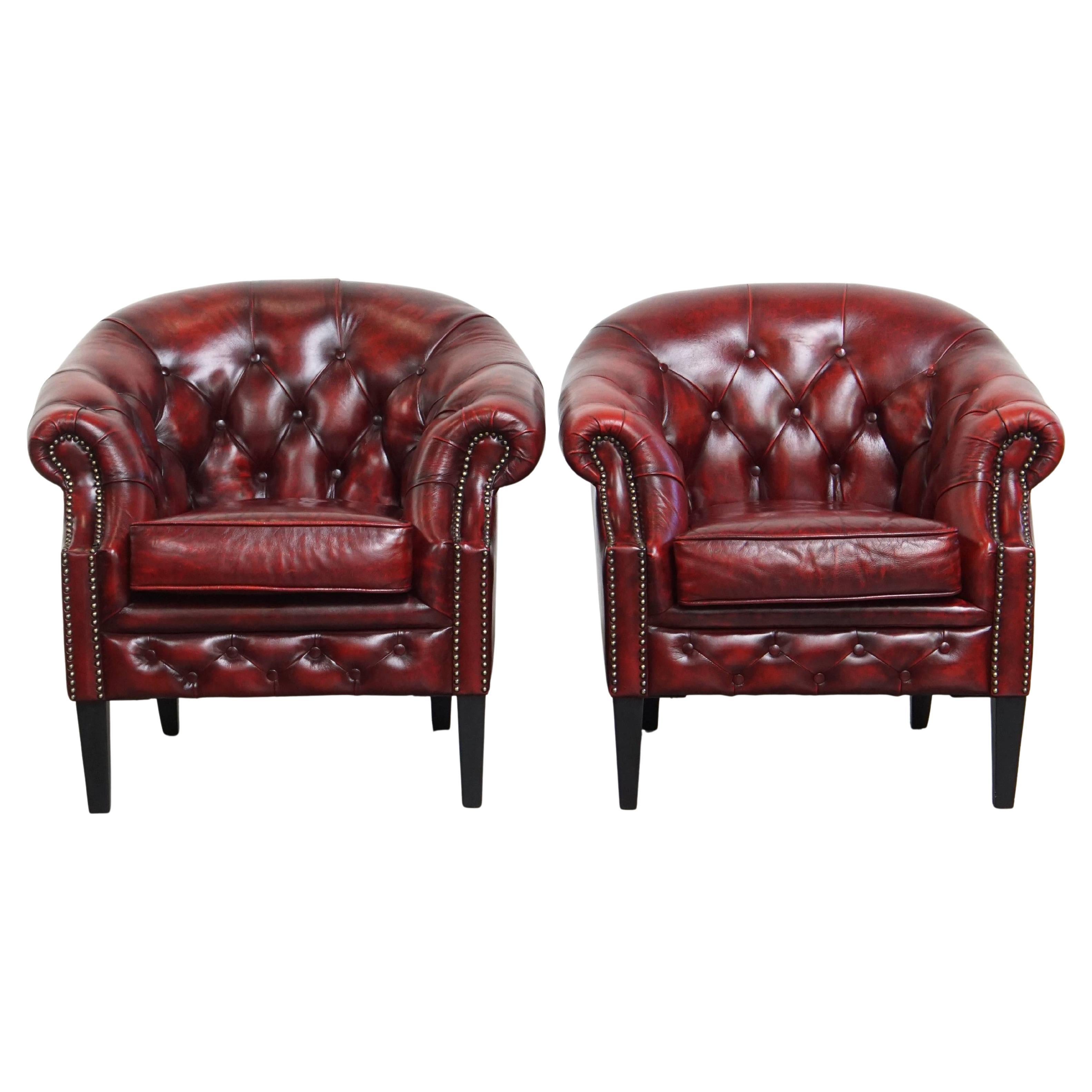Set of 2 English Cowhide Leather Chesterfield Club Chairs in a Red Color