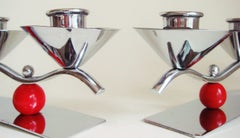 Set of Two English Midcentury/Art Deco Chrome and Red Triple Candleholders