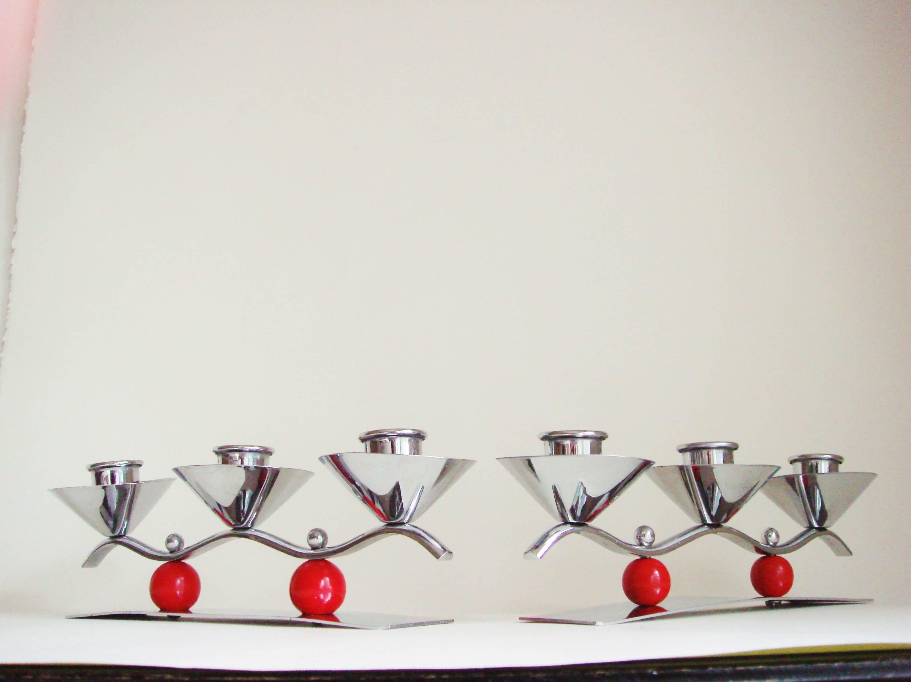 Mid-Century Modern Set of Two English Midcentury/Art Deco Chrome and Red Triple Candleholders For Sale