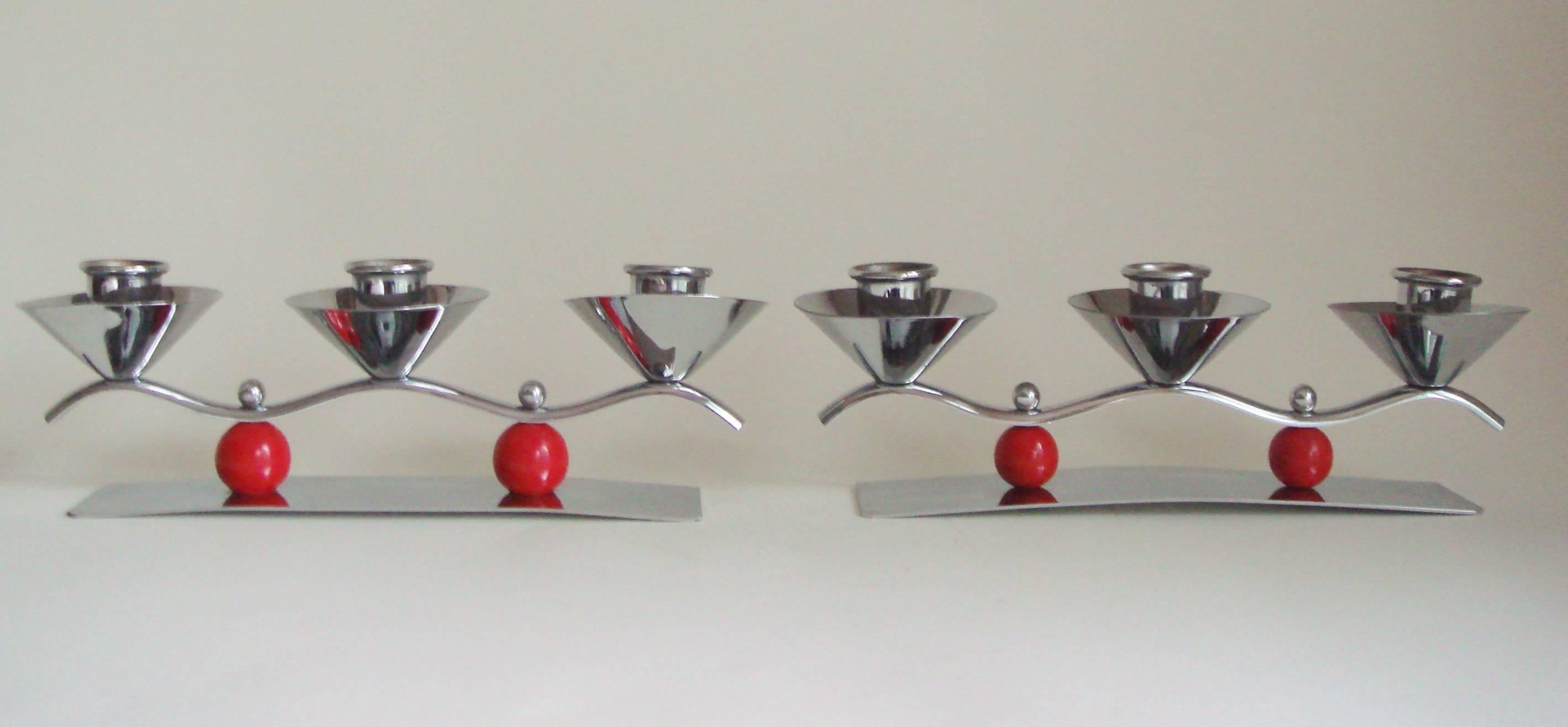Molded Set of Two English Midcentury/Art Deco Chrome and Red Triple Candleholders For Sale