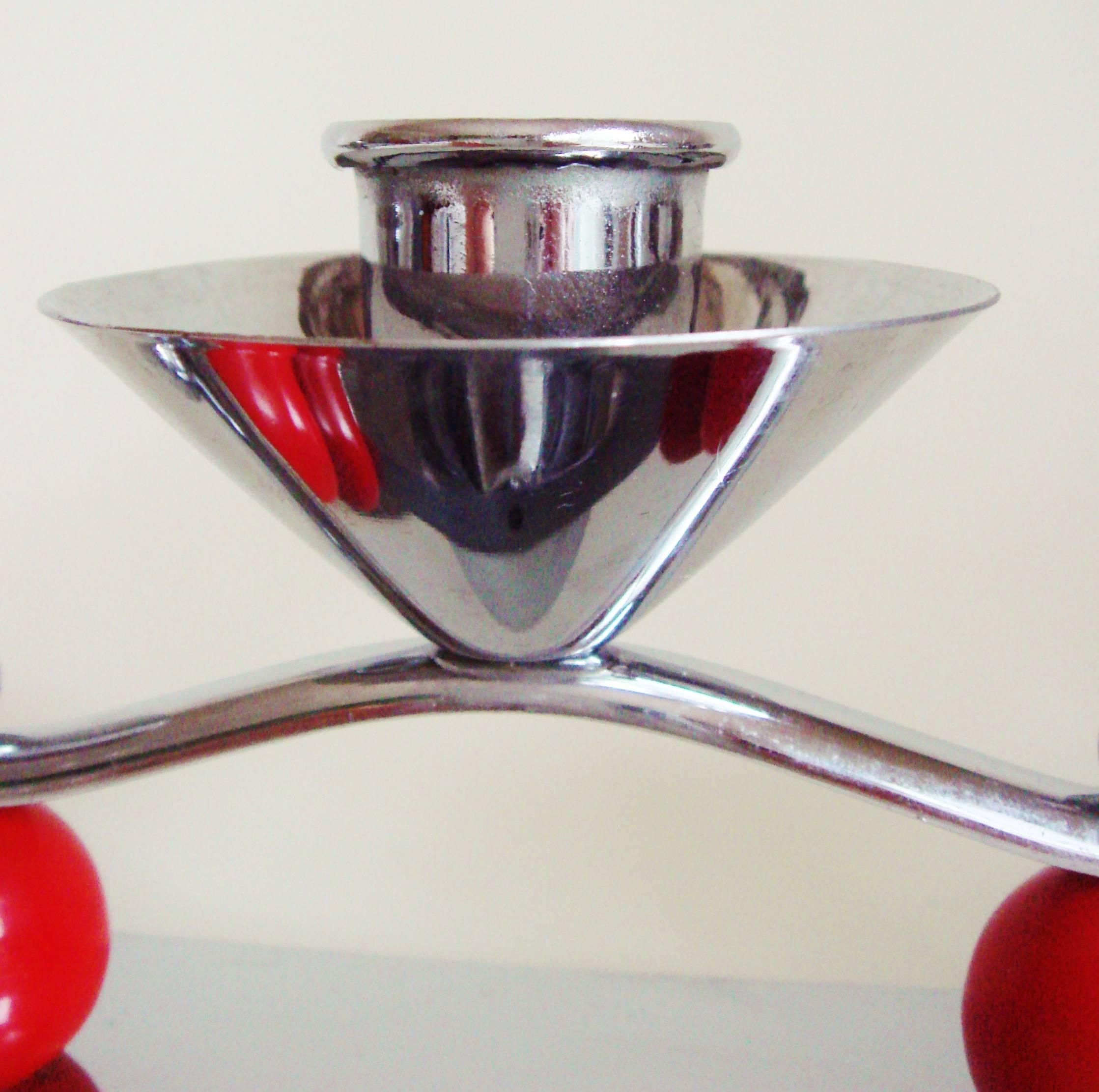 Set of Two English Midcentury/Art Deco Chrome and Red Triple Candleholders In Good Condition For Sale In Port Hope, ON