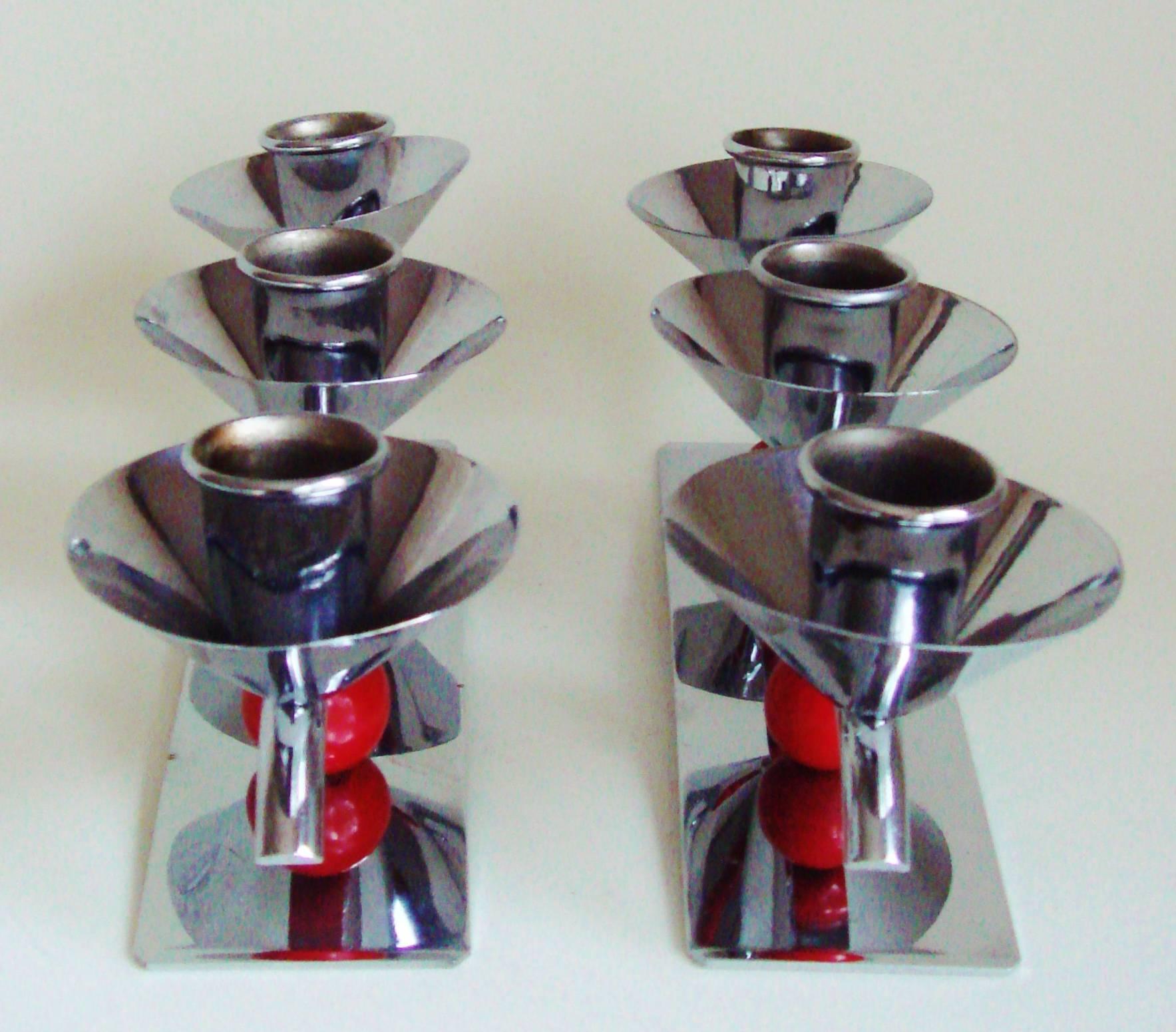 Set of Two English Midcentury/Art Deco Chrome and Red Triple Candleholders For Sale 1