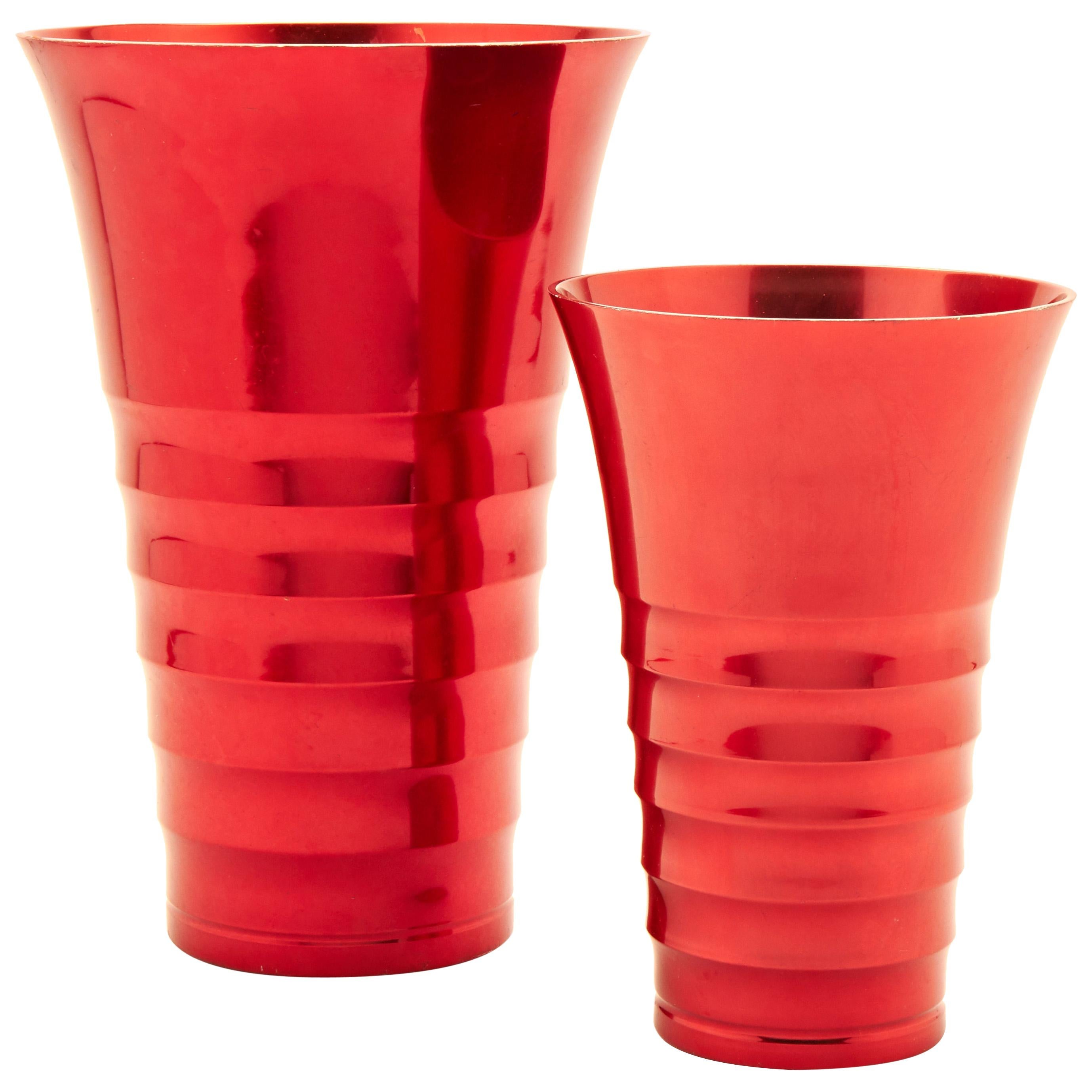 Set of 2 English Midcentury Rare Red Anodized Aluminum Ribbed Vases by Kaymet  For Sale