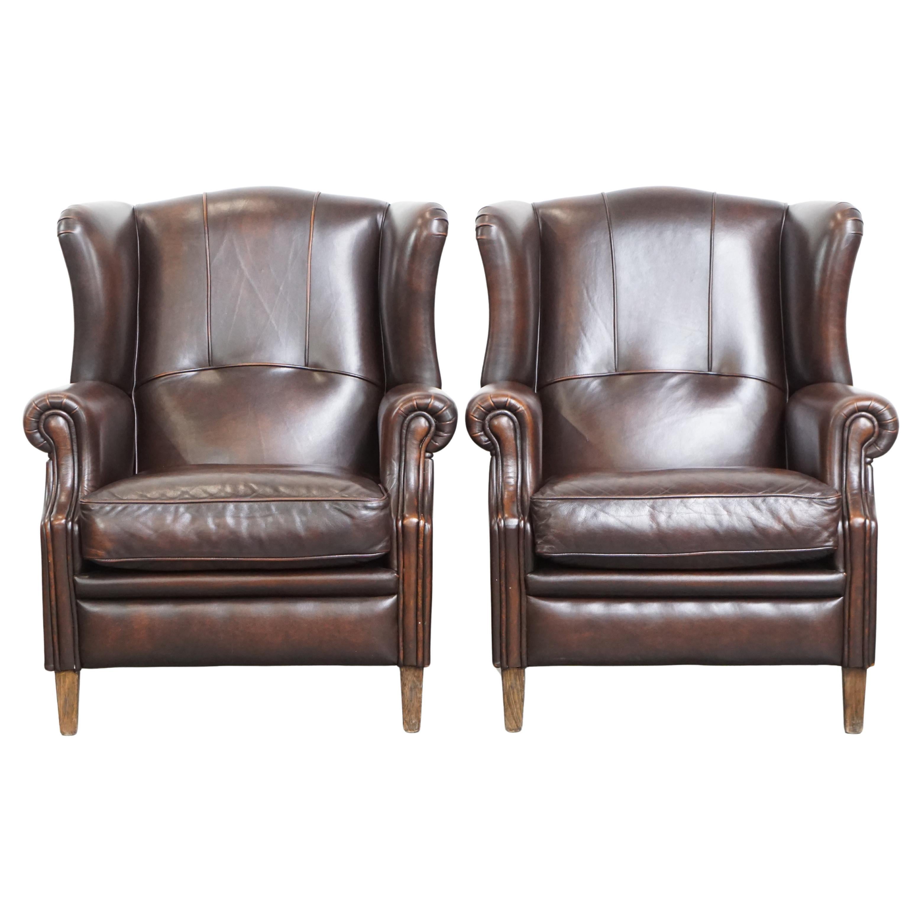 Set di 2 sedie ad ala in pelle di mucca in stile inglese con finitura di lusso