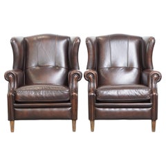 Set di 2 sedie ad ala in pelle di mucca in stile inglese con finitura di lusso