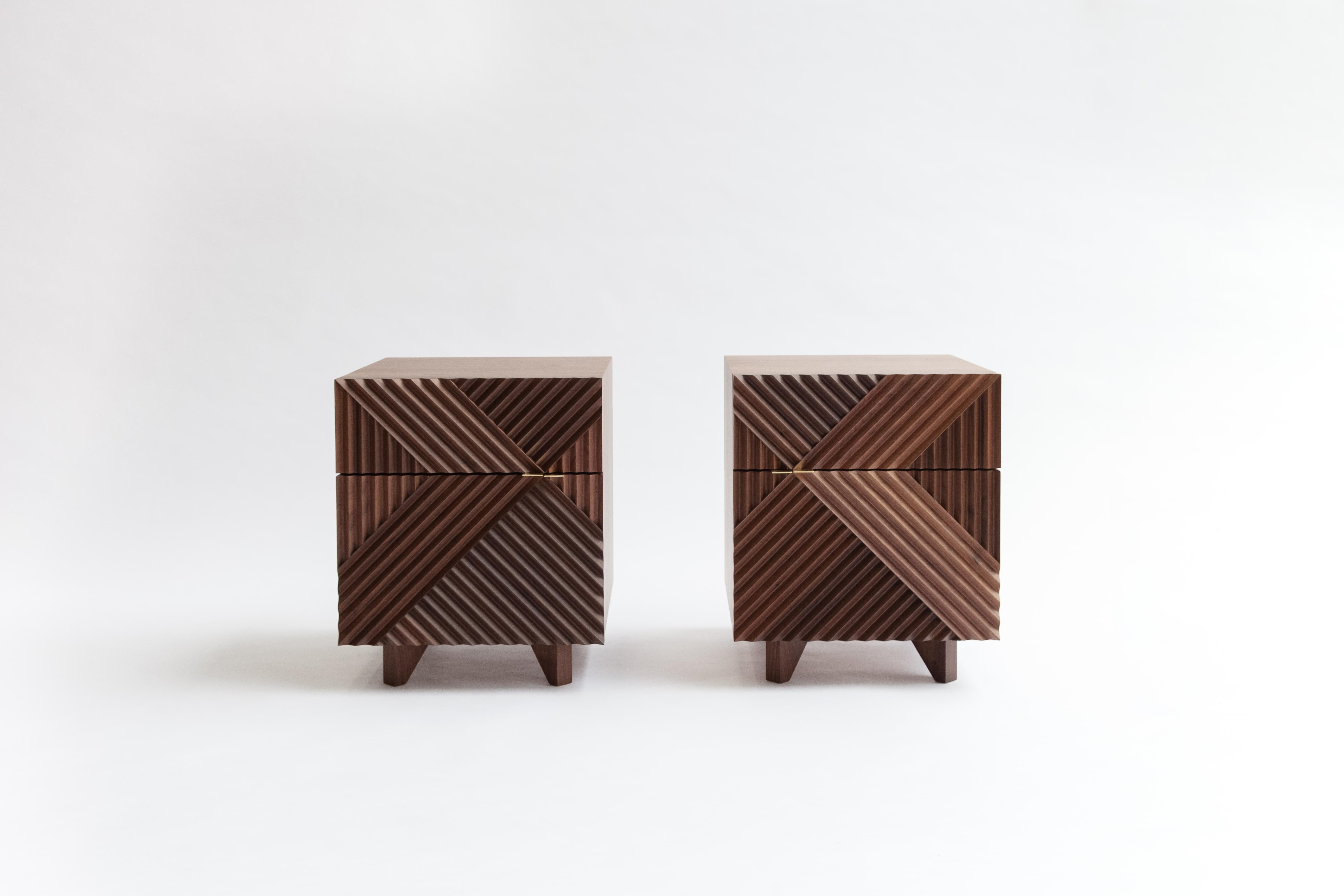 Set of 2 Enzo side table by Rosanna Ceravolo
Dimensions: W 40.2 x D 43 x H 48 cm
Materials: Solid american walnut fronts, polished brass handles, polyurethane spray finish.
Also available in different dimensions and materials.


Rosanna