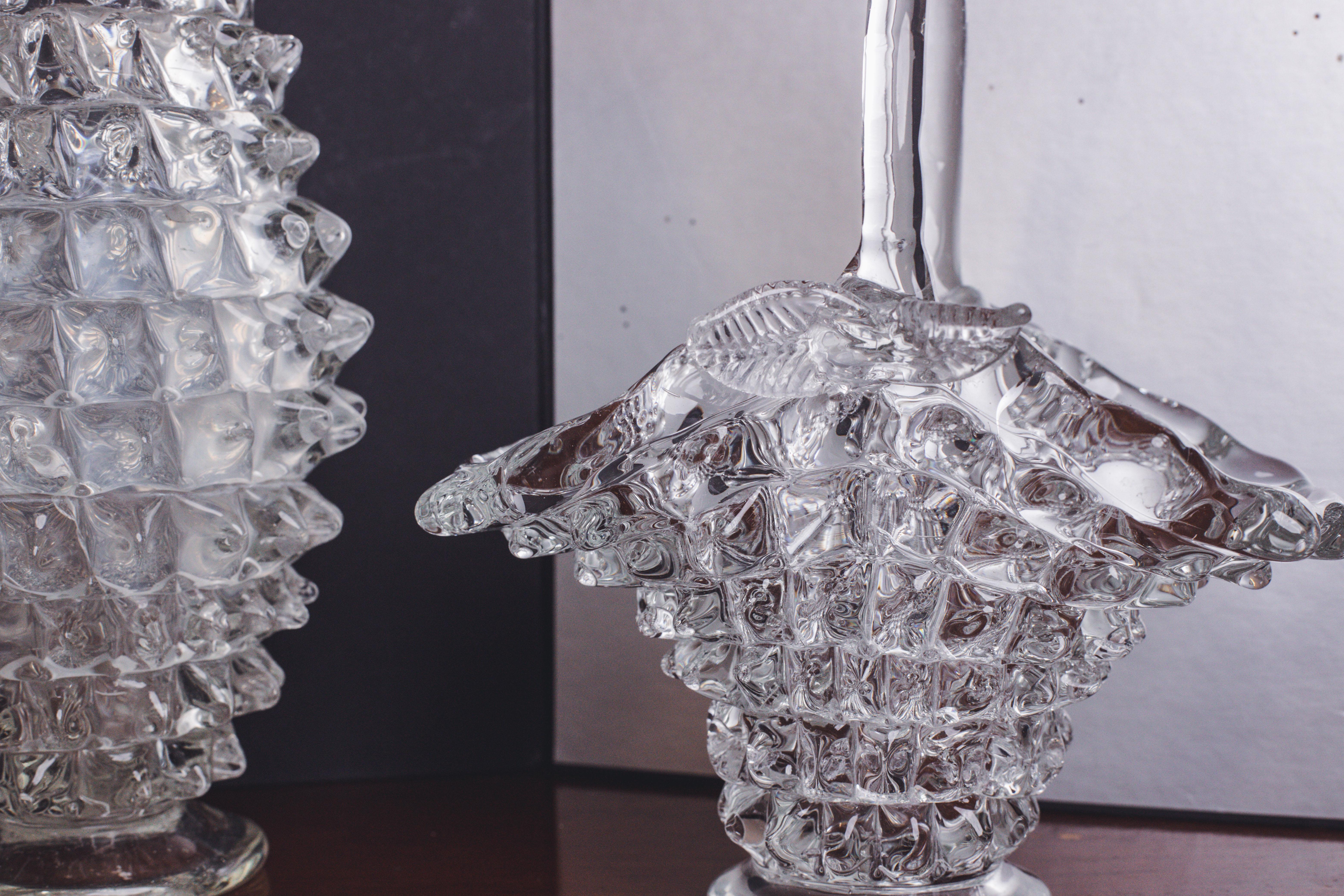 Mid-20th Century Set of 2 Ercole Barovier Rostrato Murano Italian Glass Vase for Barovier & Toso For Sale