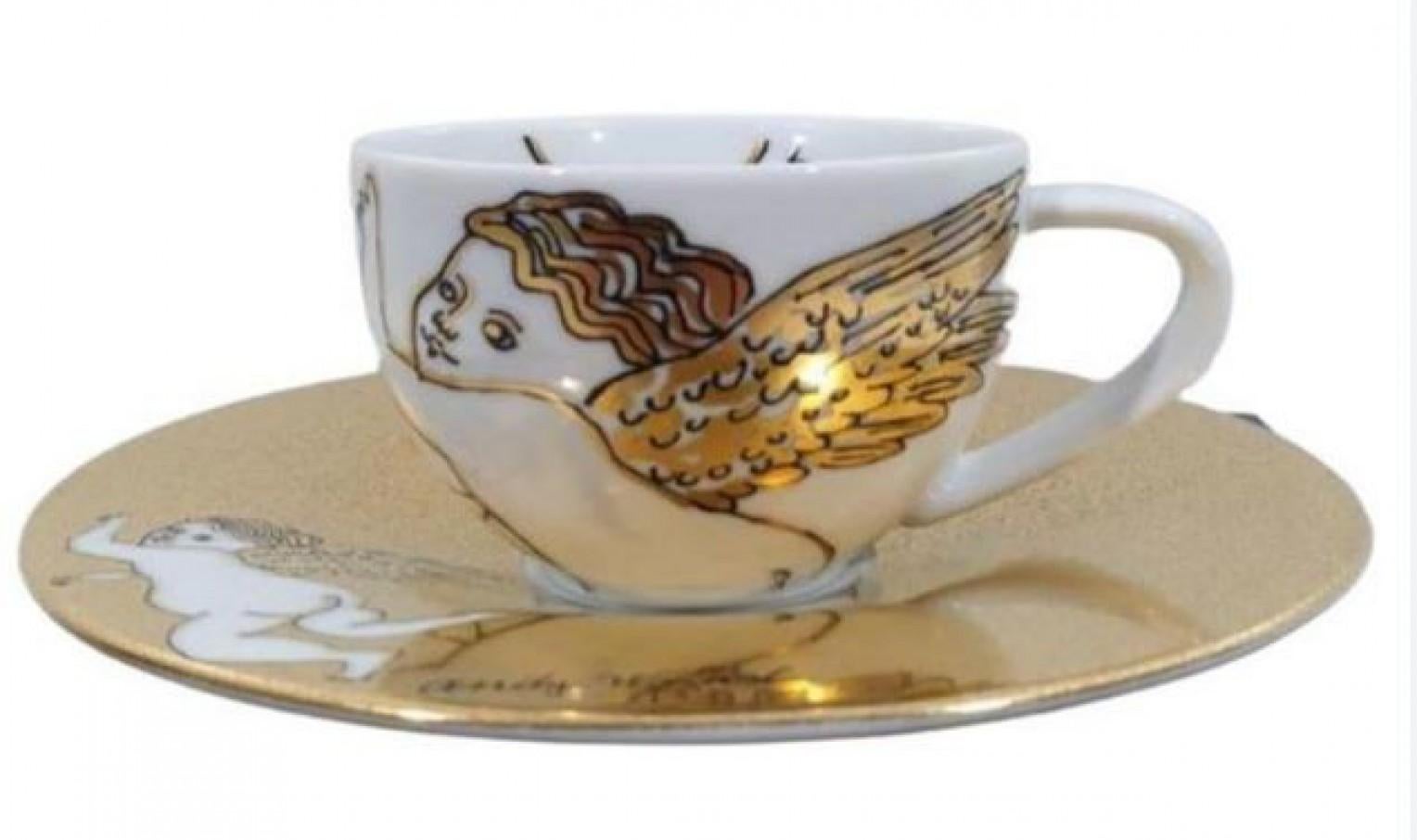 Set of 2 Espresso Cup and Saucer Golden Angels by Andy Warhol for
